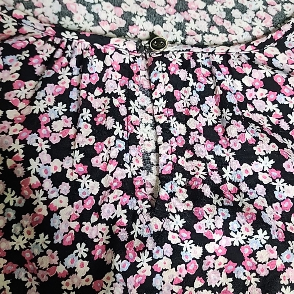 Talbots Top XL Floral Short Sleeve Blouse Keyhole Boho Crew Neck Pink Black - Picture 7 of 13